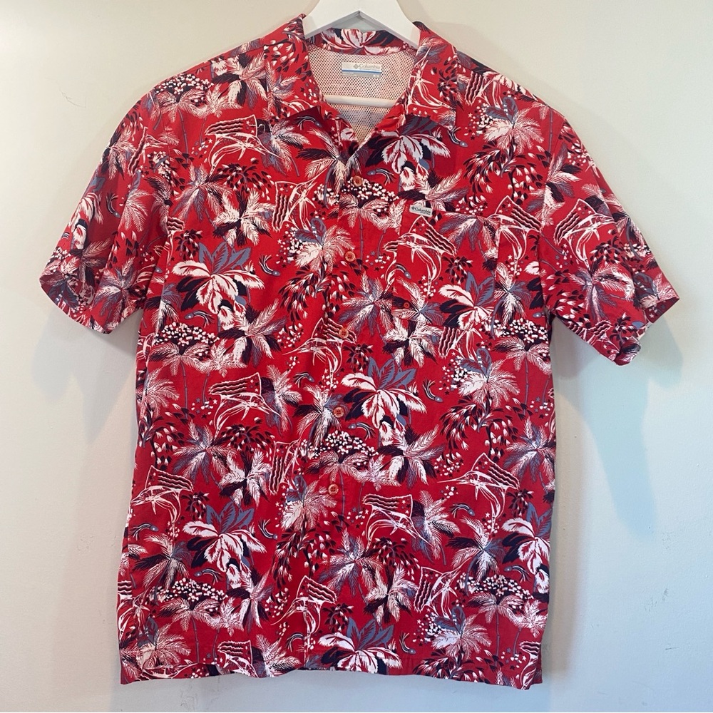 Columbia Mens Red Tropical PFG Trollers Vented Fish Shirt SS 100% Cotton SZ Med